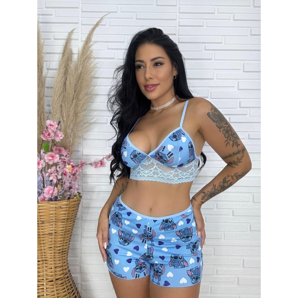 Pijama Personagens Bady Doll Estampado Suede Com Detalhe de Renda Roupa de Dormir Top Doll