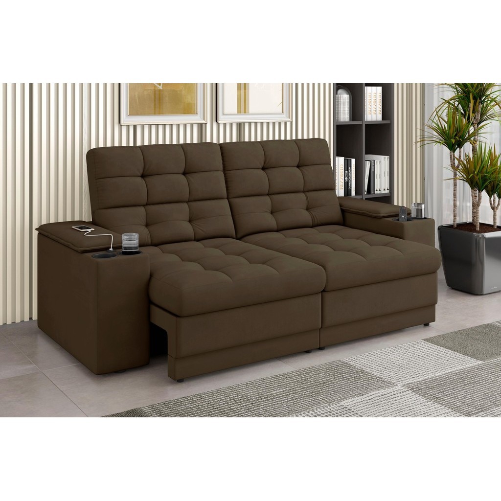 Sofá Confort Premium 2,05m Assento Retrátil/Reclinável porta copos e USB Suede Marrom - XFlex Sofas