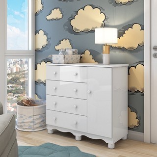 Cômoda Infantil 1 Porta 4 Gavetas 100% MDF Mimo Branco Brilho em Oferta na Shopee
