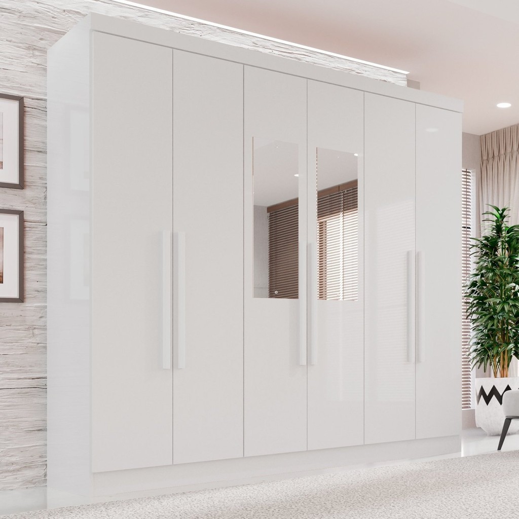 Guarda-roupa Casal com Espelho 6 Portas 2 Gavetas França Branco