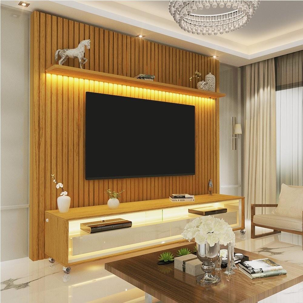 Rack com Painel para TV até 75 Polegadas Ripado Led com Rodízios 184cm Nobre 100% MDF Naturale - Home & Living