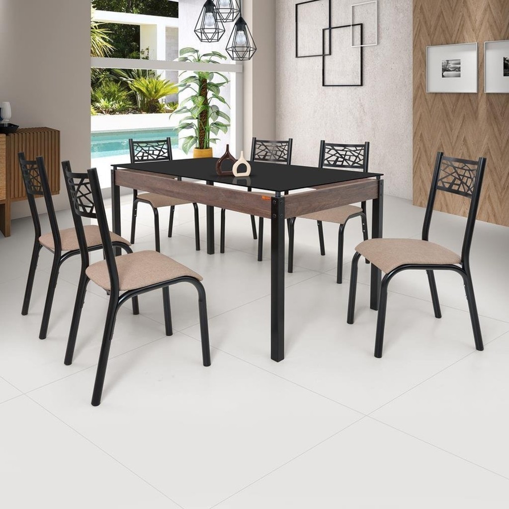 Conjunto Sala de Jantar Mesa Jade 140x80cm Tampo Vidro com 6 Cadeiras  Preto/Linho Bege