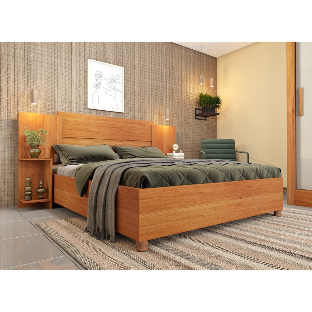 Cama Box Casal 193cmx144cm Mônaco com Cabeceira Extensivel e 2 Mesas de Cabeceiras Cinamomo - Home & Living