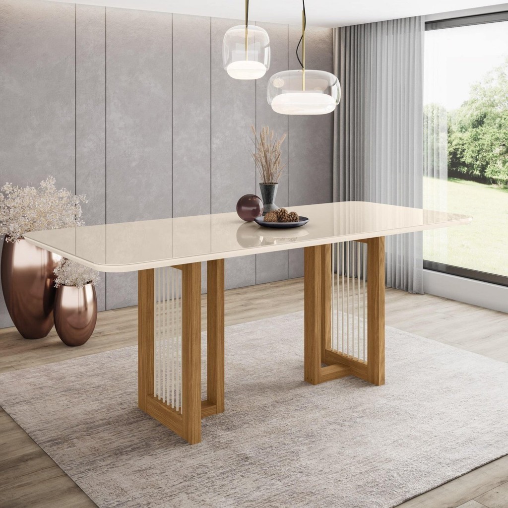 Mesa de Jantar 200x90cm Tampo Vidro/MDF Canto Arredondado Yara em Oferta na Shopee
