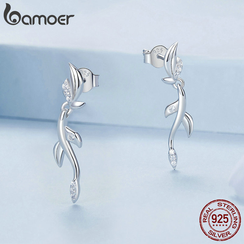 Detalhes do Bamoer 925 Sterling Sliver Stud Brincos De Fita Jóias De Folha Para Mulheres