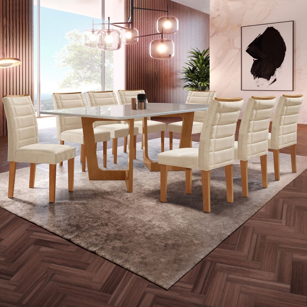 Mesa de Jantar 8 Lugares Nápoles/Genova com Vidro Cinamomo/Off White/Bege - Cel Móveis em Oferta na Shopee