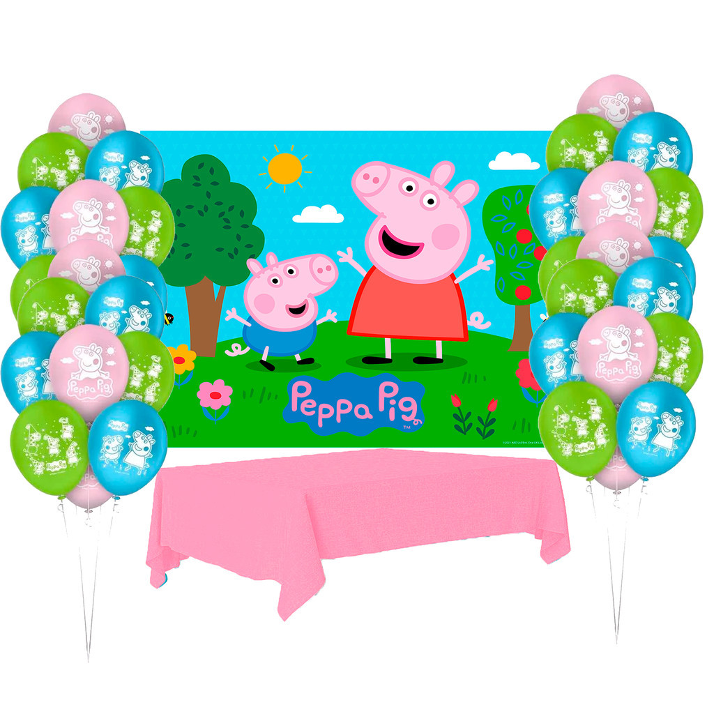 Kit festa Peppa Pig Decora Painel +Toalha Rosa claro Plástica + 25 Balão n9