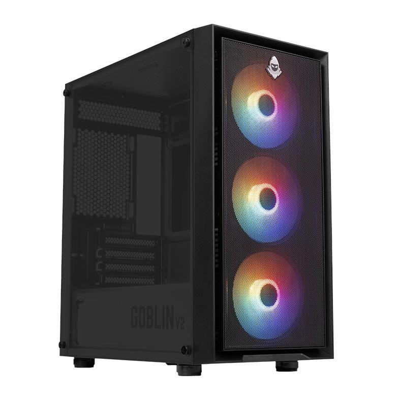GABINETE GAMER MANCER GOBLIN V2, MID TOWER, LATERAL DE VIDRO, COM 3 FANS RAINBOW, PRETO MCR-GBNV2-BK