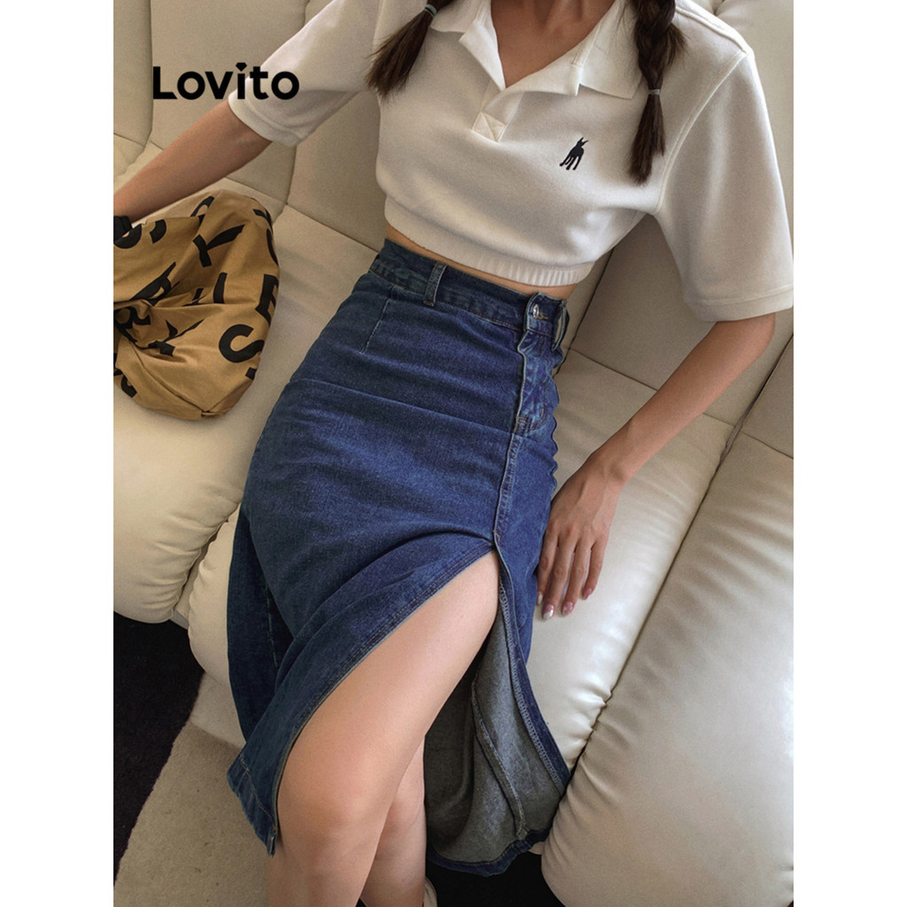 Lovito Casual Saia Jeans Feminina Lisa Franzida com Fenda Frontal e Fecho Traseiro LNE31270 (Multicolorido) - Women Clothes