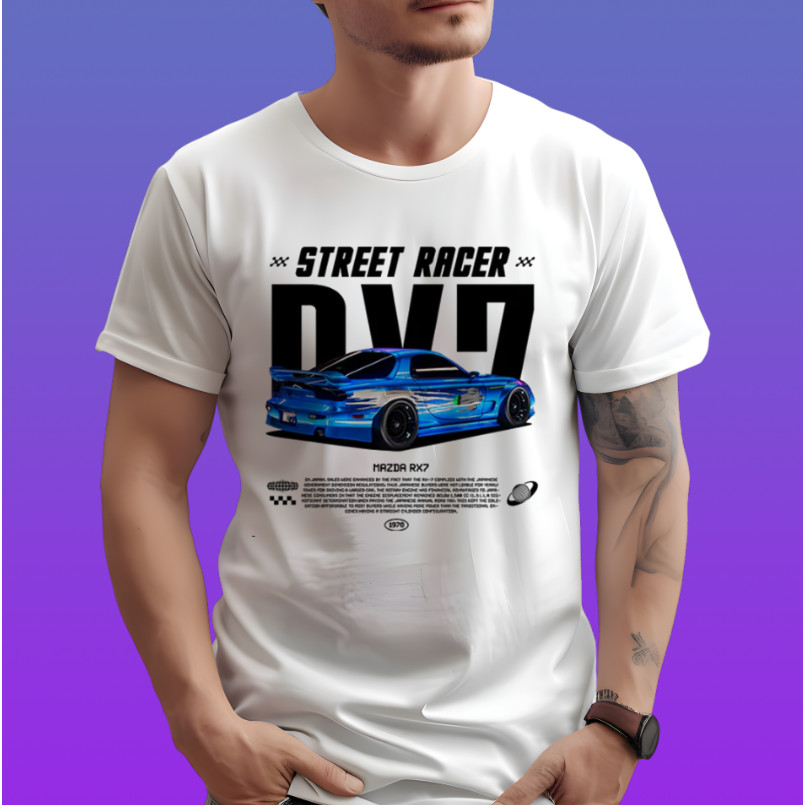 Camisa RX7 Azul Conversível Camiseta Drift Carro Esportivo Blusa Estampa Carro Japonês Algodão