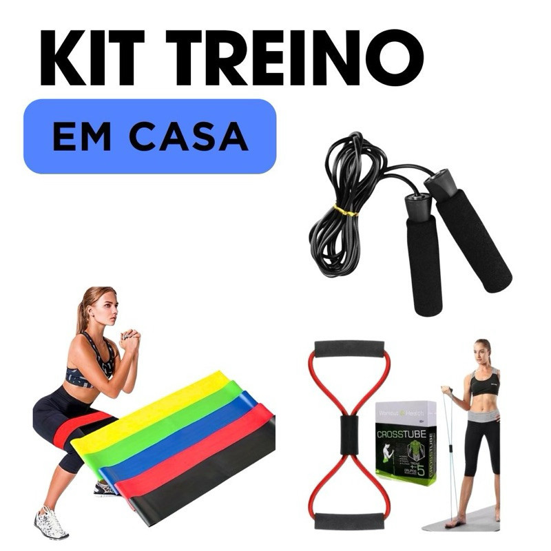 Kit Treine Em Casa Completo Elástico Extensor Cross Tube + Corda de Pular + Kit com 5 Faixa