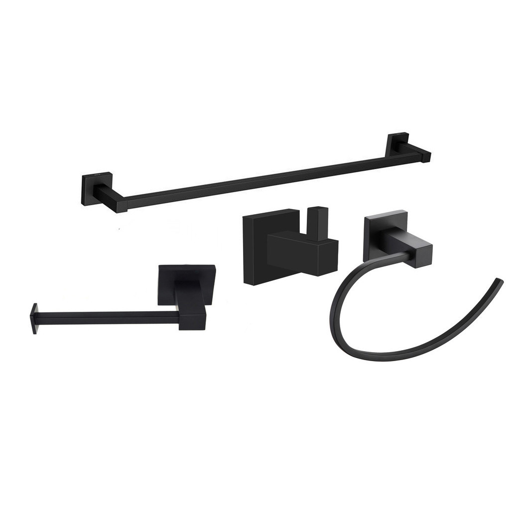 Kit 4 Acessórios Preto Fosco Banheiro Metal - Cabide Porta Toalha Banho Papeleira Toalheiro Argola