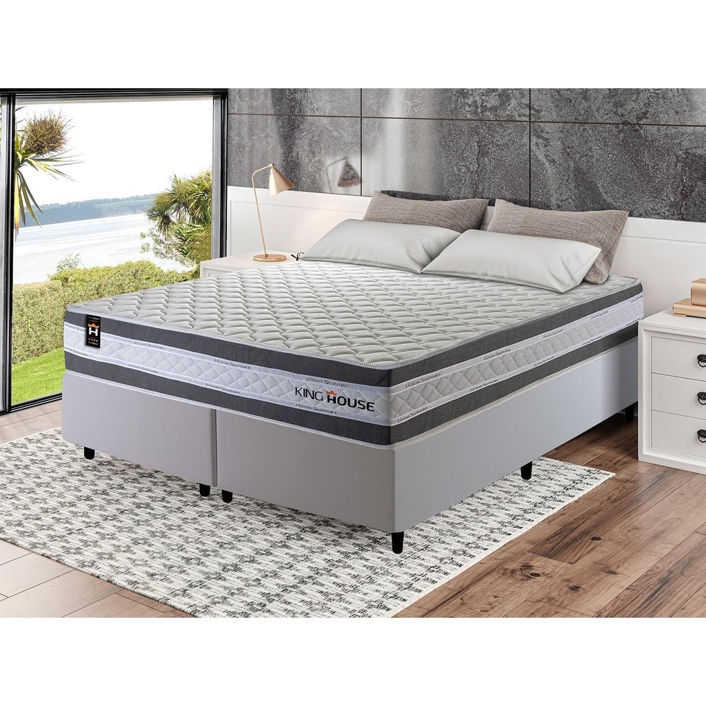 Conjunto Cama Box c/ Molas Ensacadas Alpine Cinza King 193x203x65 em Oferta na Shopee