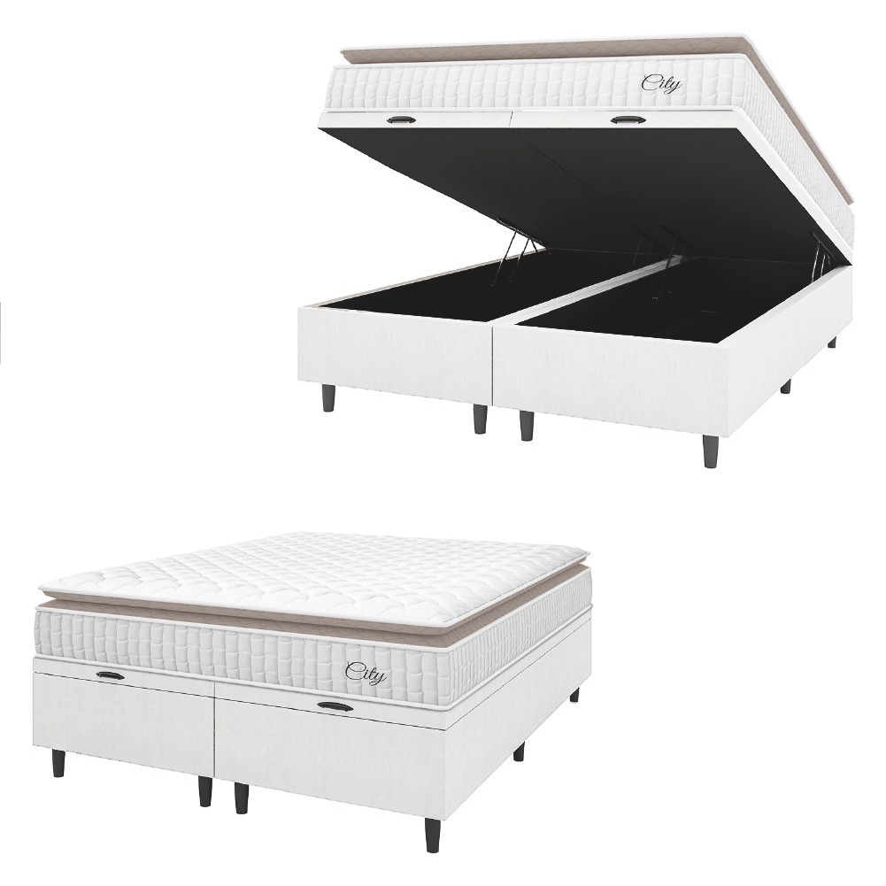 Cama Box Colchão Baú Casal Queen Molas Ensacadas City Pillow Top 158x198x64cm Branco / Bege Hellen