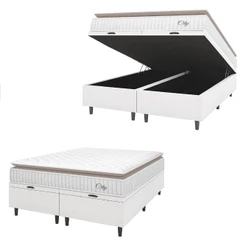 Cama Box Colchão Baú Casal Queen Molas Ensacadas City Pillow Top 158x198x64cm Branco / Bege Hellen