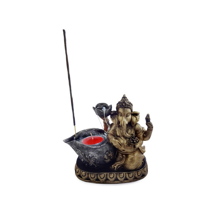 Imagem Incensário Cascata de Fumaça e Porta Velas Decorativo Ganesha + 5 Incensos Cone