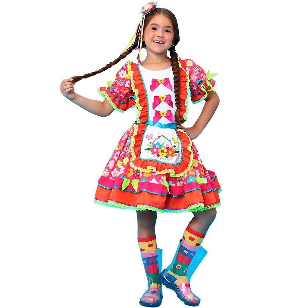 Vestido Infantil Festa Junina Luxo Floral Rodado Roupa Caipira pra Menina Com Mini Chapeu de Palha em Oferta na Shopee