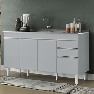Balcão de Cozinha com Pia Inox 150cm 4 Portas Marrocos Cinza Claro - Lumil em Oferta na Shopee