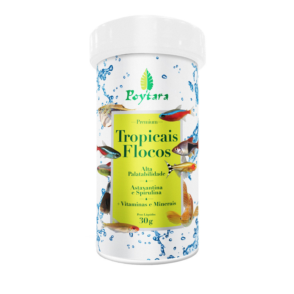 Ração para Peixes Tropicais Poytara Tropicais Flocos 30g