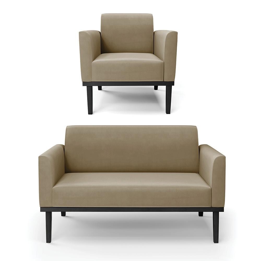 Conjunto Poltrona e Namoradeira Decorativa Isabella Pés Fixo em Madeira Preto Suede Nude G19 - Gran Belo
