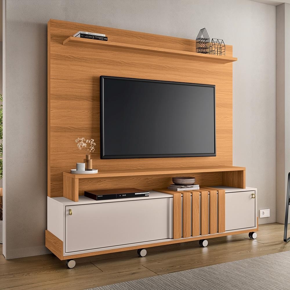 Home Painel Decorativo Bolt TV até 65 Pol Portas Deslizantes Pés Rodízio Cinamomo/Off White em Oferta na Shopee