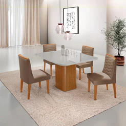 Mesa de Jantar Eloise 90cm Tampo MDF Vidro Canto Copo com 4 Cadeiras Eloise Moderna Mobília