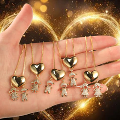 Colar De Filhos Coração Cravejado Casal Menino / Menina Banhado a Ouro 18k a Prata 925 Colar Femenino Elegante