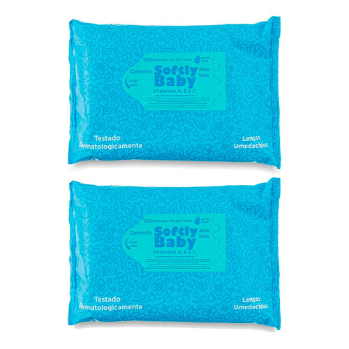 Lenços Umedecidos Higiene Limpeza Banho Bebê Softly Baby 2 pacotes de 100 Unidades Vitaminas A C E Aloe Vera Camomila