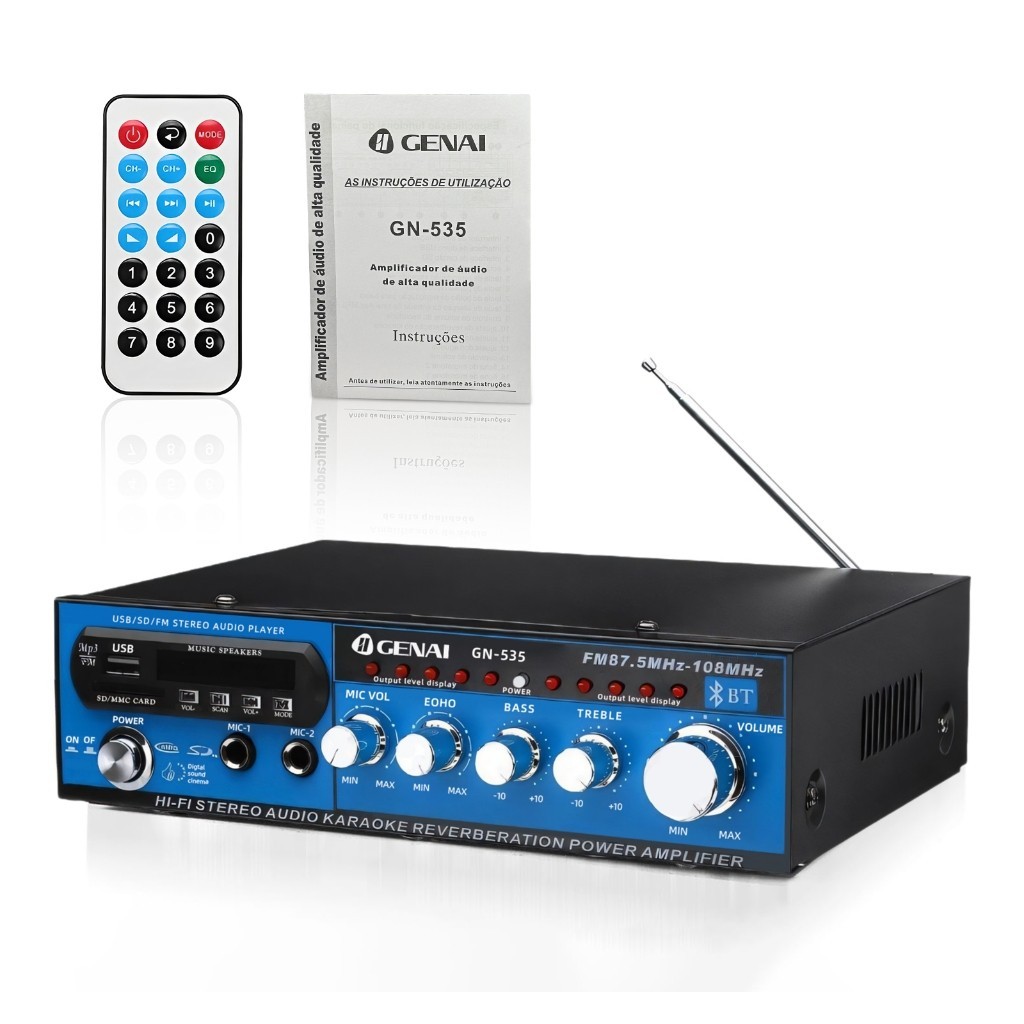 Super Amplificador potência 1200w 110V Bluetooth 2 canais controle remoto USB SD FM karaoke em Oferta na Shopee