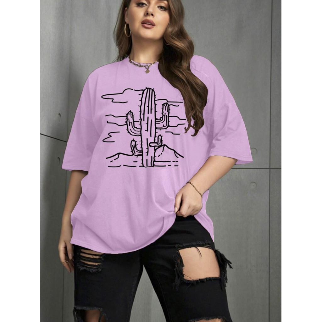 Camiseta T Shirt Estilosa Lilás Estampada Paisagem Cacto Plus Size Confortável Moda Gringa Oversized