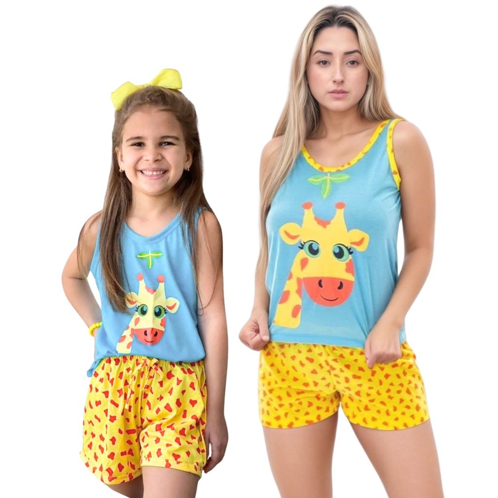 Kit Pijama Mãe e Filha Baby Doll Regata Girafa Conjunto