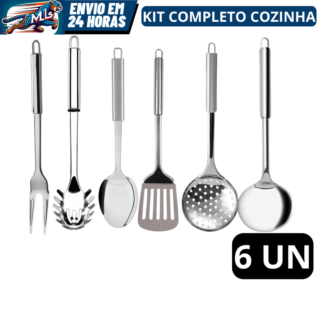 Kit 6 Utensílios de Cozinha em Aço Inox Escumadeira Concha Colher Arroz Pegador Massa Garf...