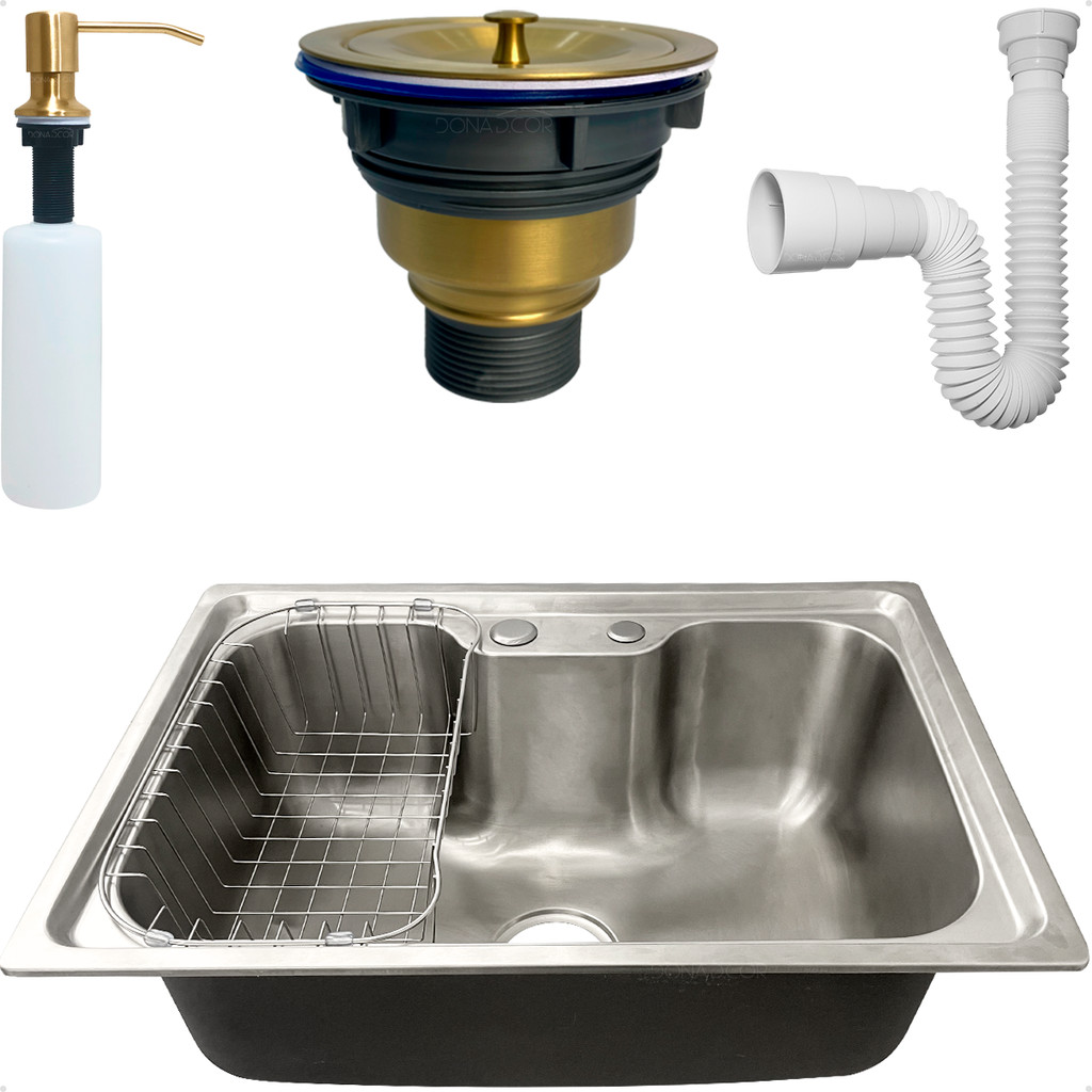 Cuba Gourmet Inox 304 Pia Cozinha 60x42 Cesto Escorredor Dispenser 350ml Dourado Valvula E Sifão