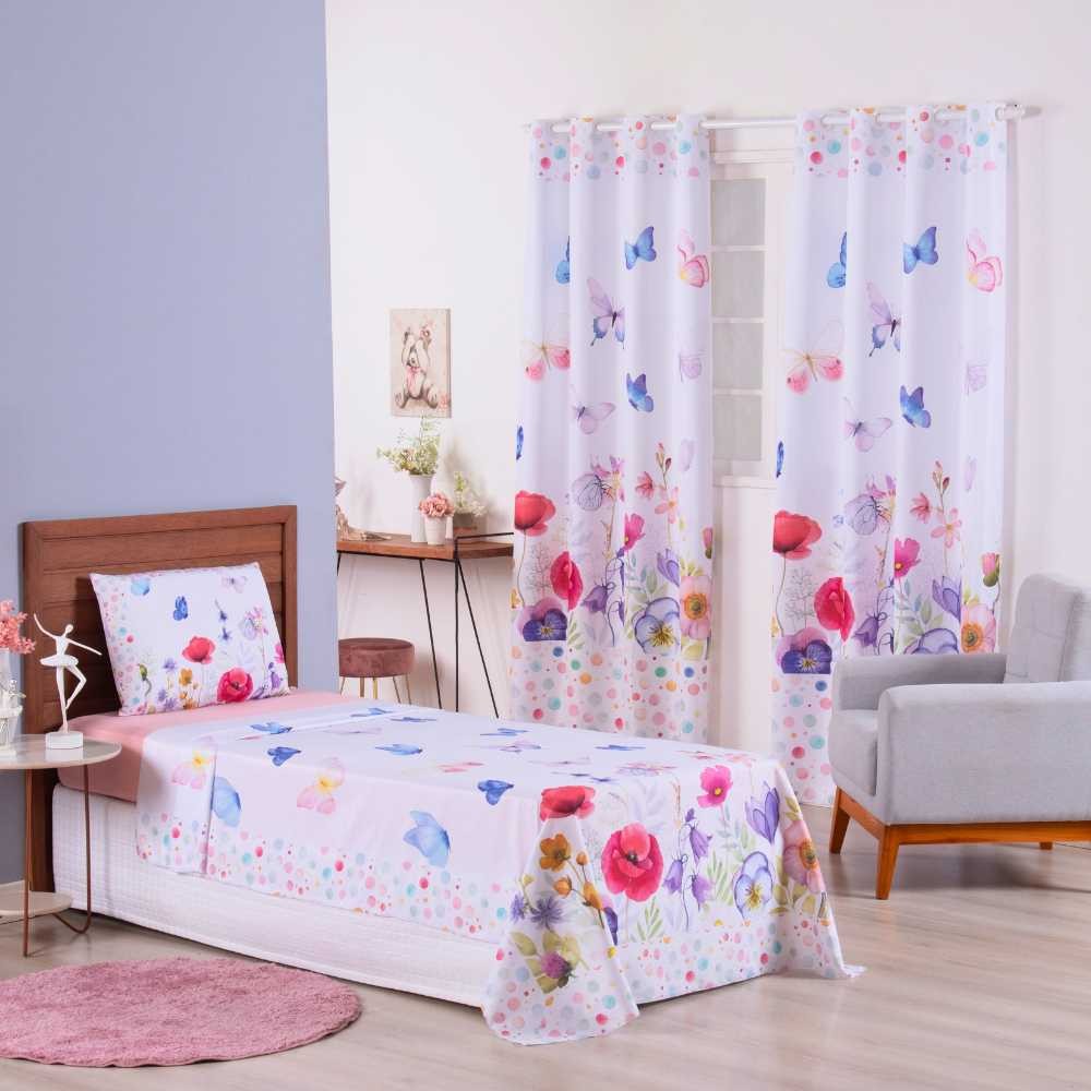 Detalhes do Kit 4 Peças Jogo de Cama e Cortina 3,00cmX2,20cm Infantil Dino/Princesa/Futebol/Fada - Menina/Menino