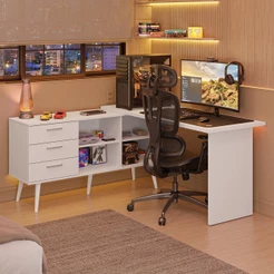 Escrivaninha Em L Mesa Para Computador Gamer 3 Gavetas Branco Lisboa Madesa