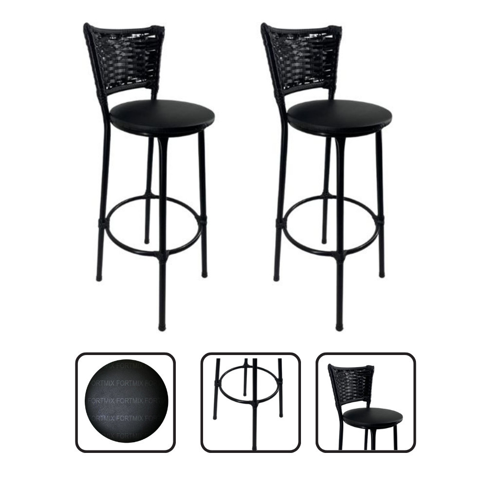 Kit 2 Banquetas Médias Junco Sintético Preto Resistente Balcão Bar Cozinha Fortmix (1 KIT POR COMPRA)