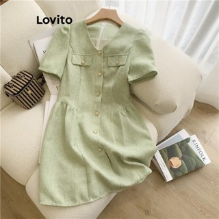 Lovito Vestido feminino elegante simples com botão de bolso falso LNE51120