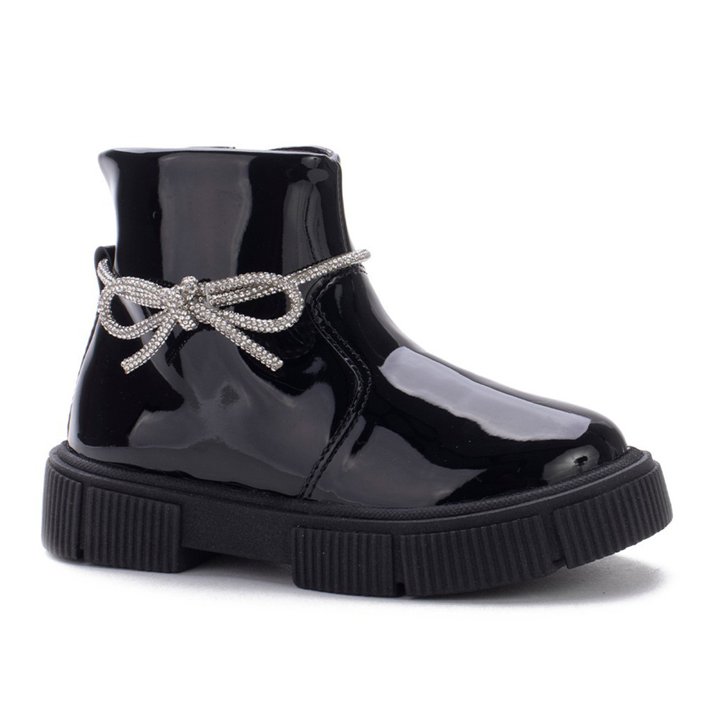 Bota Coturno Mini Sua Cia Preta Verniz Rosa Ballet Detalhe Strass Zíper Menina Nº 20 ao 27 Feminino Luxo