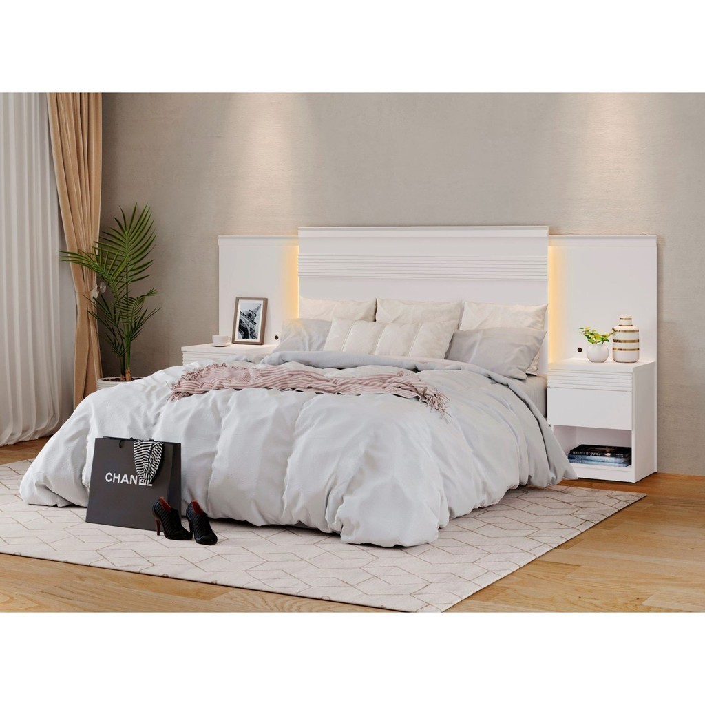 Cabeceira para Cama de Casal Extensível Casal / Queen / King com 2 mesa de Cabeceira 100% MDF Granada Branco - Home & Living