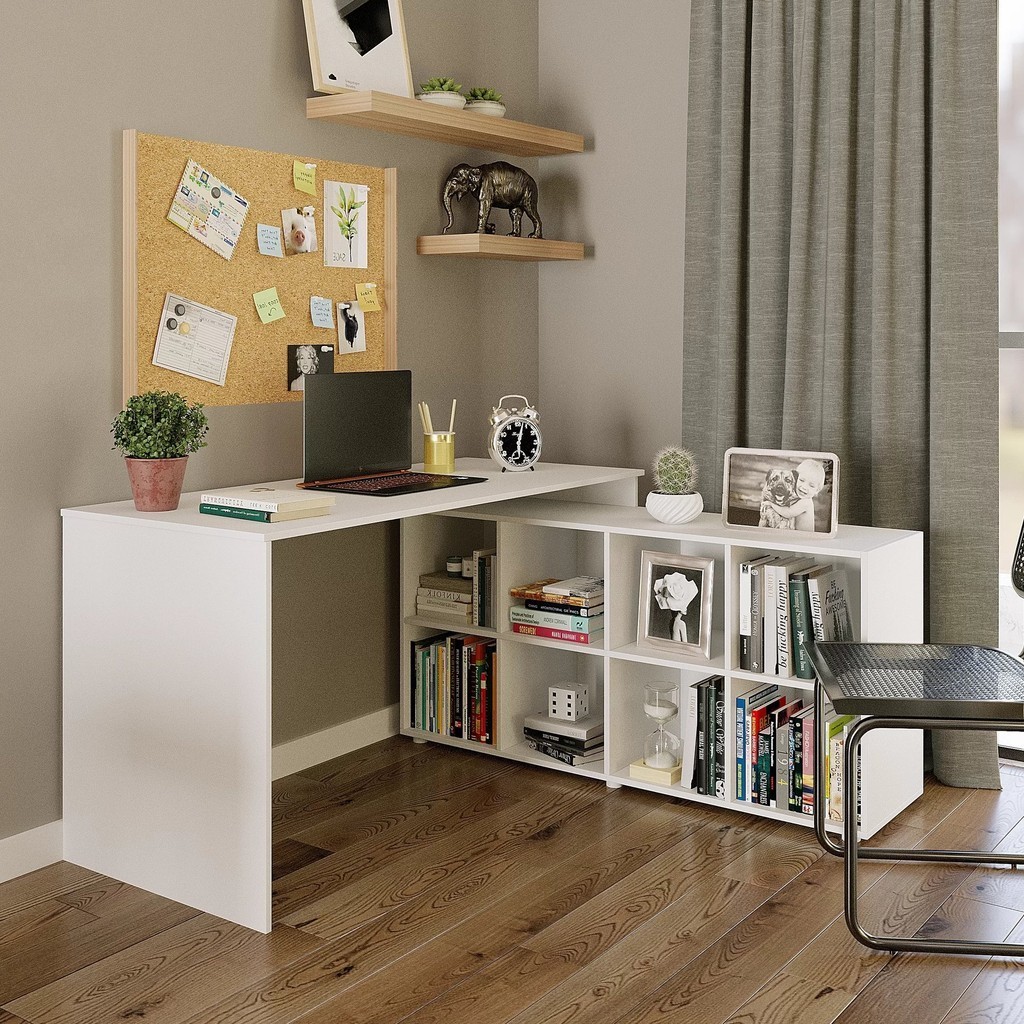 Mesa em L Escrivaninha 140x130cm Barcelona com 8 Nichos  Branco - Home & Living