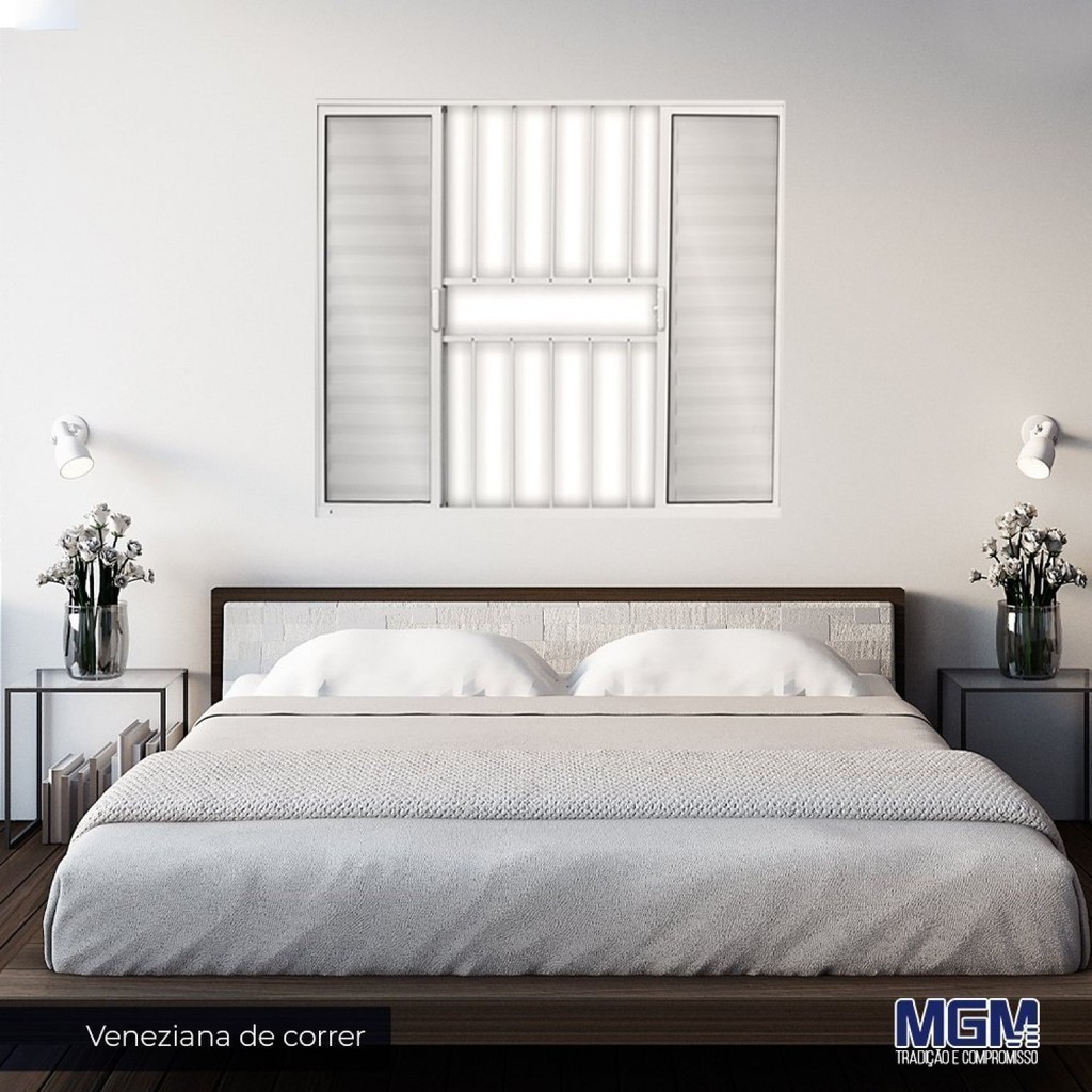 Janela de Alumínio Veneziana de Correr 120x200cm 6 Folhas 2 Fixas com Grade e Vidro Liso Linha Soft 120cm x 200cm