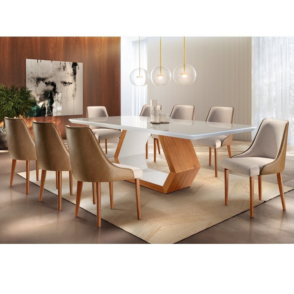 Conjunto Sala de Jantar Mesa Madeira Maciça Sarah e 8 Cadeiras Roma Mobilare Caramelo/Cinamomo Imbuia/Off White em Oferta na Shopee