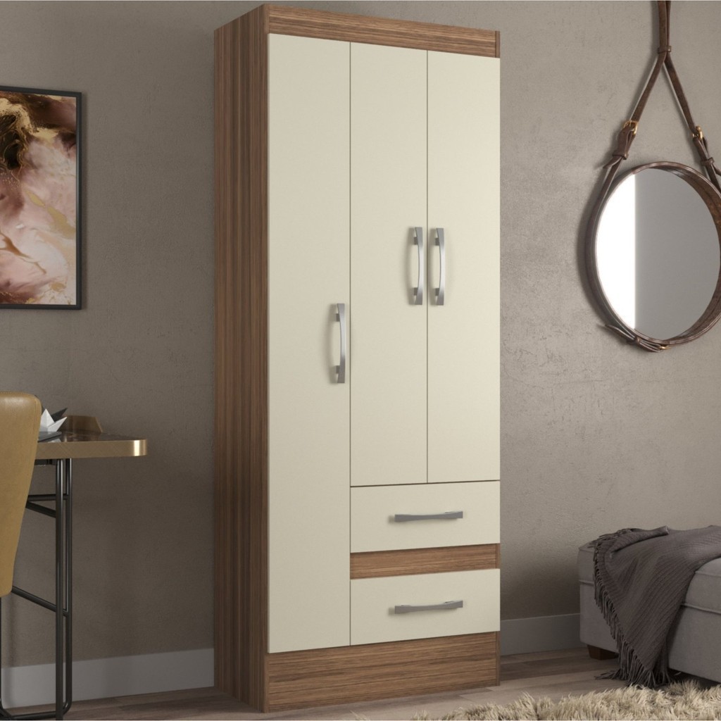 Guarda Roupas Solteiro 3 Portas 2 Gavetas Nobre Off White/Castanho - Home & Living