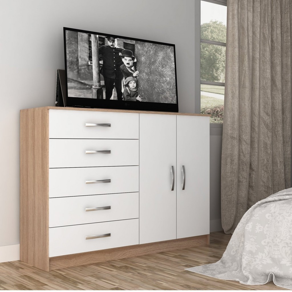 Cômoda 2 Portas 5 Gavetas  Branco/Freijó em Oferta na Shopee