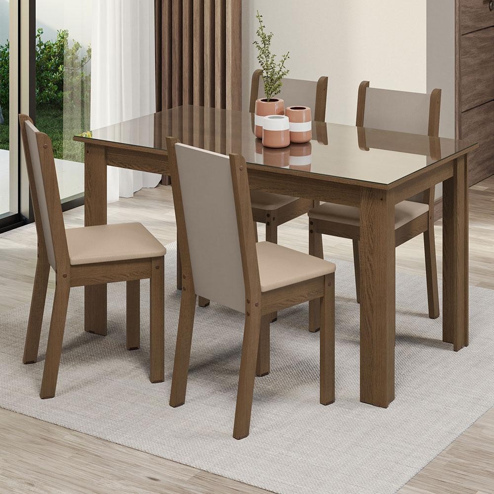 Conjunto Sala de Jantar Mesa Tampo de Vidro 4 Cadeiras Rustic/Crema/Bege Suzy Madesa em Oferta na Shopee