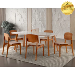 Conjunto Sala de Jantar Mesa Malta 160cm com Vidro e 6 Cadeiras Malta Gold em Madeira Moderna