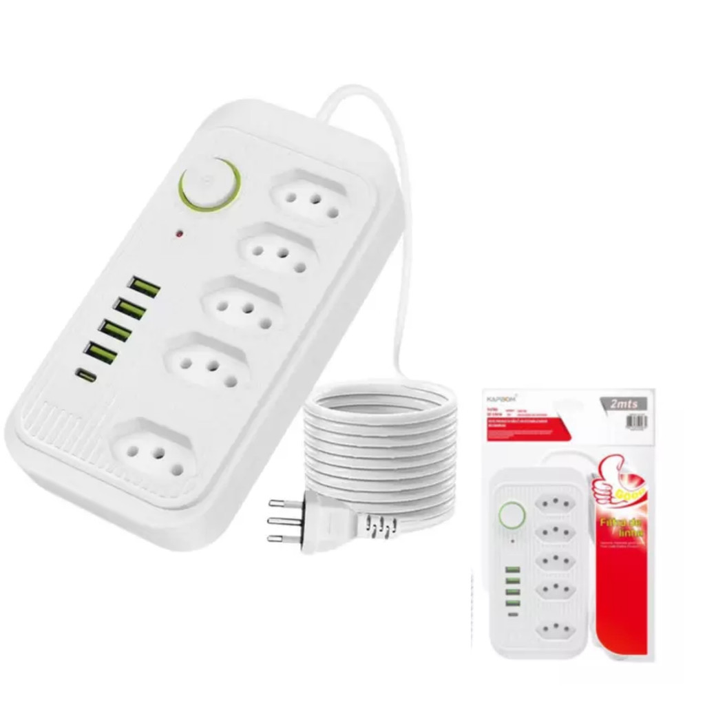 Filtro de Linha Extensão 2 mts 5 Tomada 4 USB 1 Tipo-C Régua