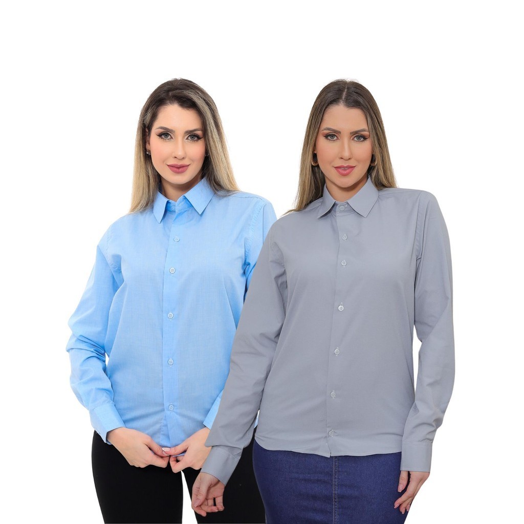 KIT Feminino 2 Peças - Camisa Social Premium Tipo Linho Azul Claro e  Camisa Social Slim Cinza