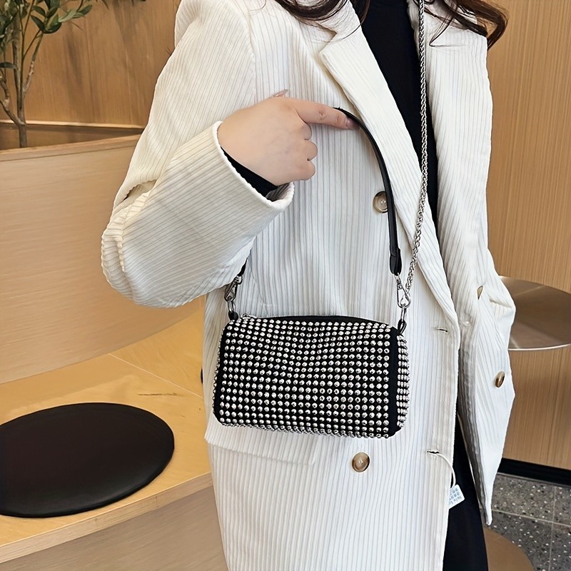 Bolsa Feminina Pequena Transversal Alça de Corrente Prata Brilho Cristais Strass