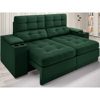 Sofá com Porta Copos e Carregador USB Eureka 1,70m Assento Retrátil e Reclinável Velosuede Verde - NETSOFAS em Oferta na Shopee